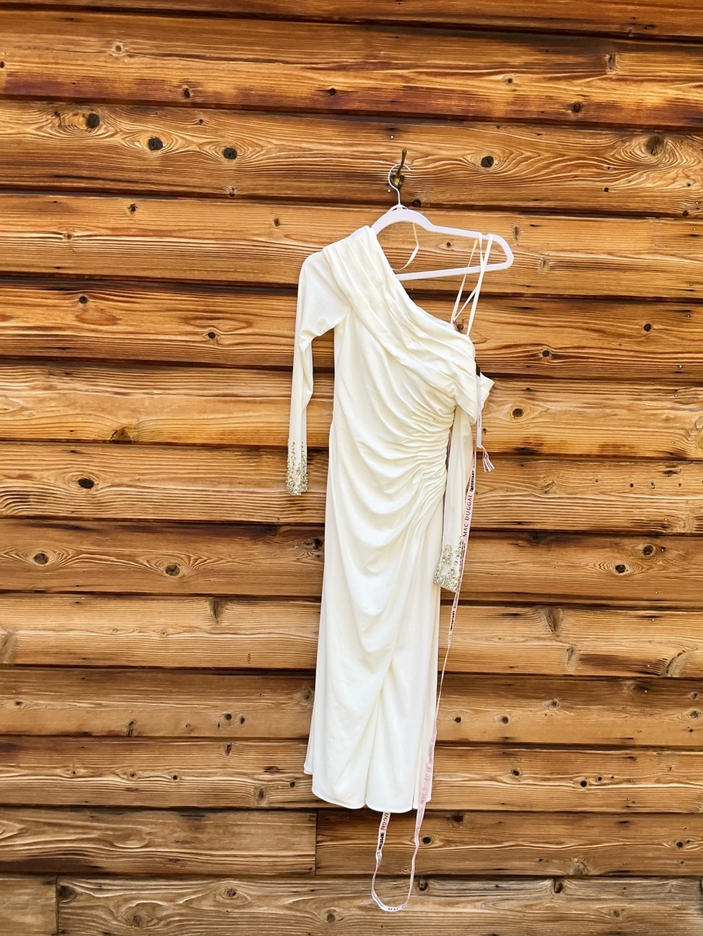 NWT MAC DUGGAL White Fold Over Long Sleeve Jeweled Midi Dress Size 14 - Picture 5 of 12